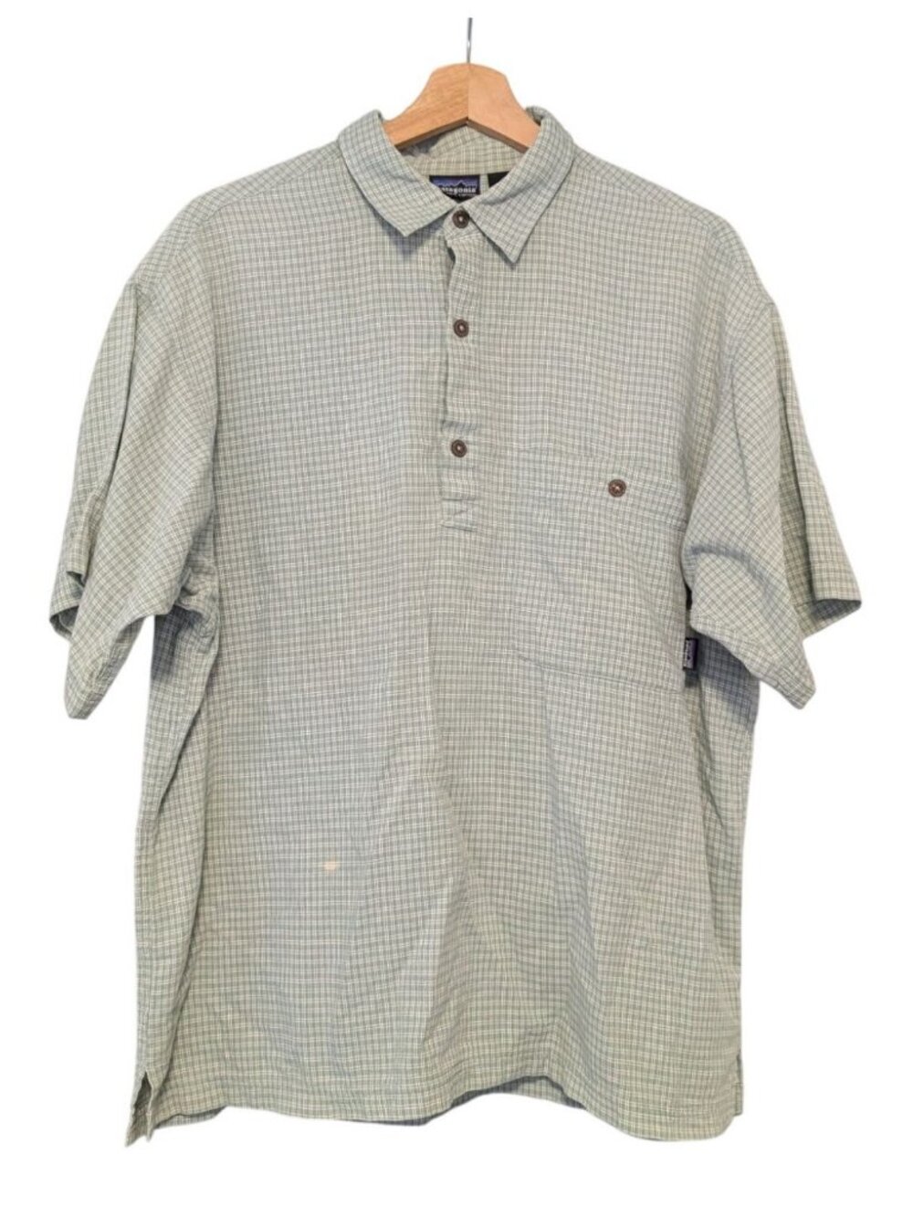 Patagonia Organic Cotton Popover Shirt Mens Large Green Check Short Sleeve